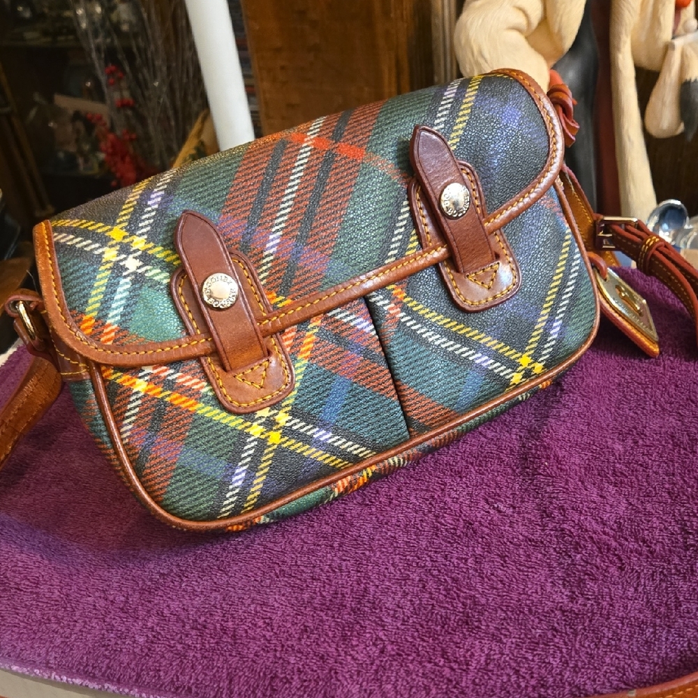 Dooney & Bourke Green Plaid Crossbody with Brown Leather Trim